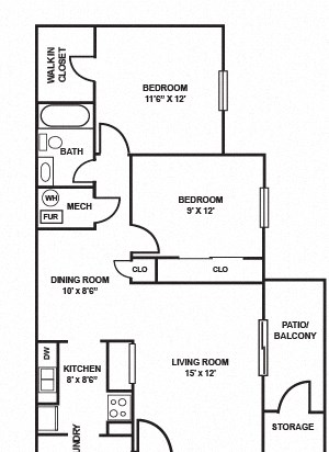 Two Bedroom One Bath (845 sq ft)